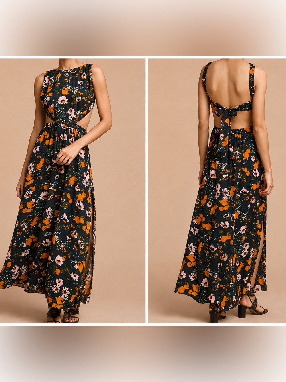 Wilfred Floral Cutout Maxi Dress - Green with Orange & Pink Print